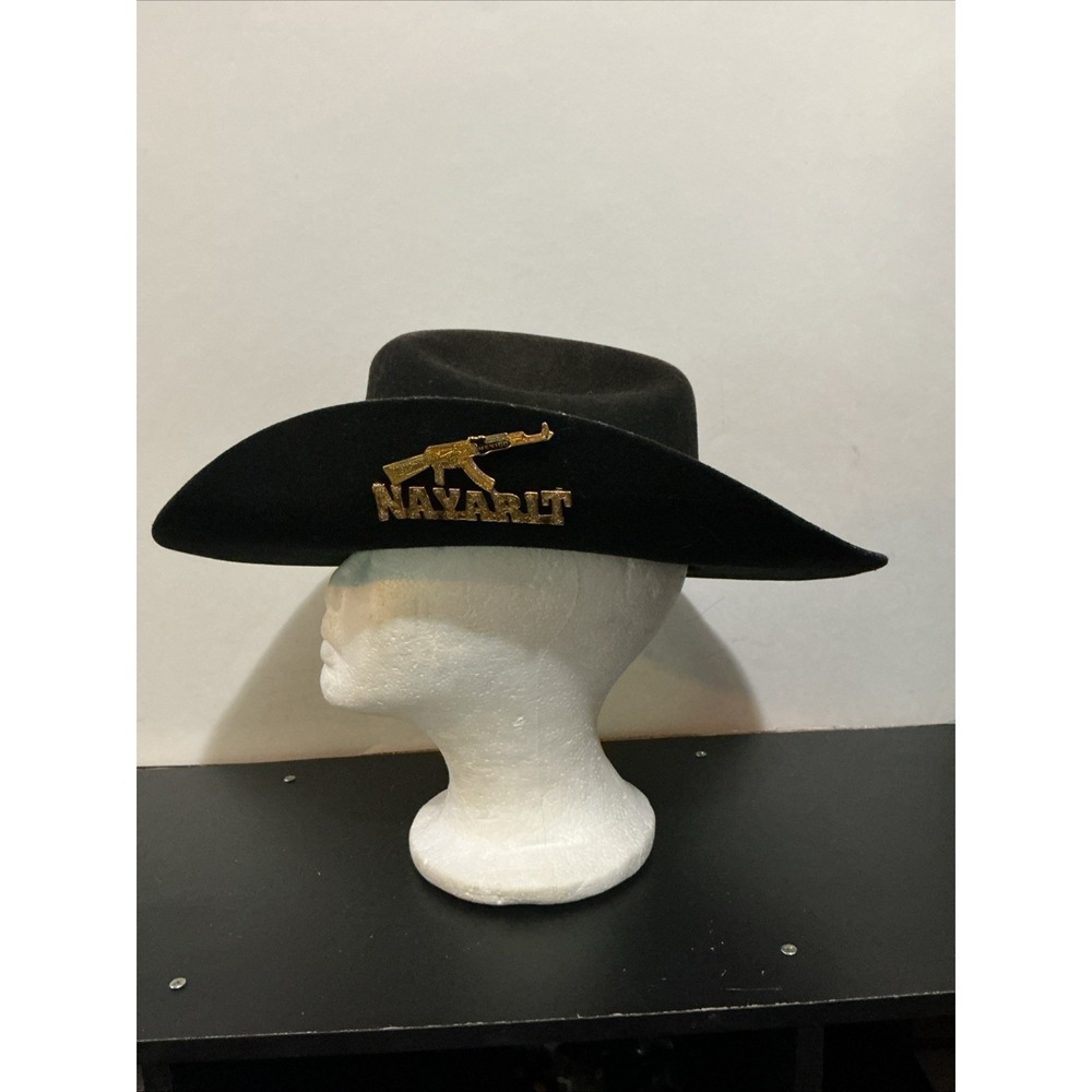 texas hat company black cowboy hat NAYARIT mexico gun hat pin Stains Bent 21.46"